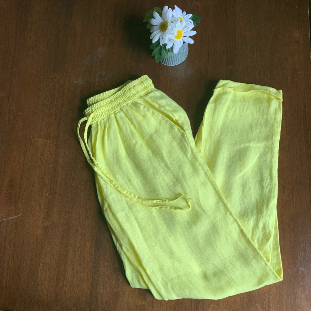 J.Crew Yellow Drapey Drawstring Linen Size Pants … - image 1